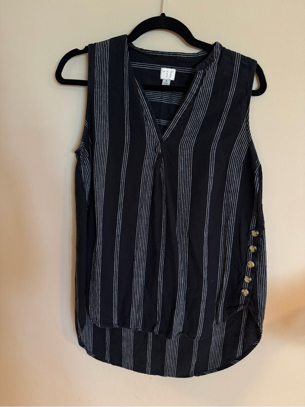 a new day Black Sleeveless V-Neck Striped Button-Accent Top